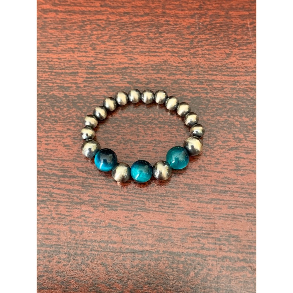 925 Sterling Silver Desert Pearl Blue Tiger Eye Beaded Stretch Ring Adjustable